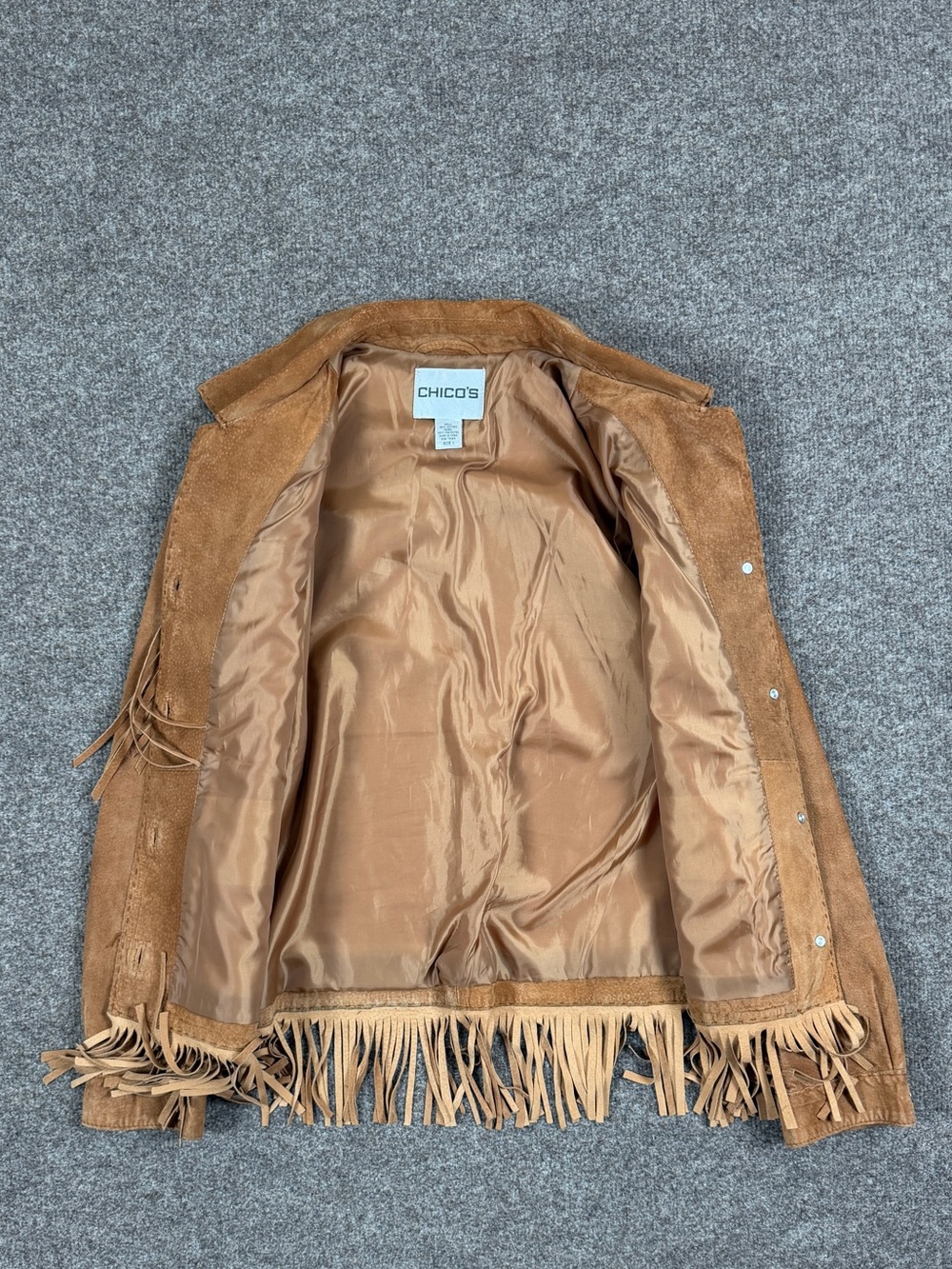 Vintage Tan Suede Leather Western Fringe Jacket Women’s 1 Small Button Front Y2K - Picture 4 of 8
